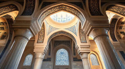 Obraz premium Magnificent Mosque Dome with Ornate Patterns and Sunlight Streaming Through Skies : Generative AI