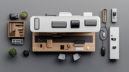 Obraz premium A modern RV blueprint with a convertible workspace and builtin charging stations