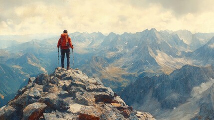 Hiker on rocky summit, overlooking vast mountain range.