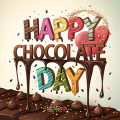 Happy Chocolate Day Celebration with Melted Chocolate and Candies