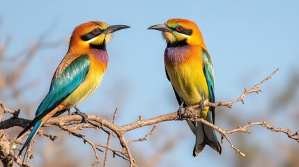Obraz premium Colorful birds perched on a branch in bright sunlight showcasing vibrant feathers in a serene natural setting