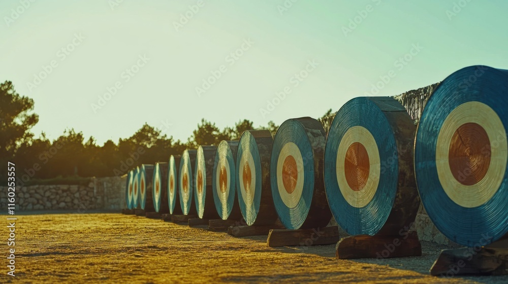 Poster a well-organized archery range under a clear sky, bows and targets aligned for precision shooting, s