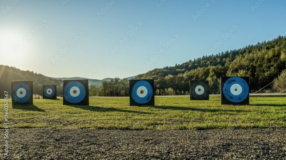Poster a well-organized archery range under a clear sky, bows and targets aligned for precision shooting, s