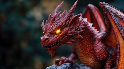 Majestic red dragon sculpture with glowing yellow eyes showcasing intricate details and a fierce expression in a natural setting