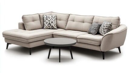 Scandinavian Style Corner Sofa with Round Coffee Table and Cushions in Minimalist Living Room Setup