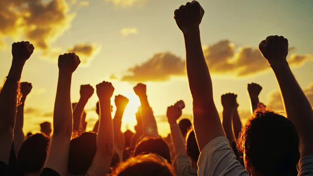 Cinematic shot of a crowd with raised fists in the air, a Black power concept, bathed in golden hour light. People are cheering and celebrating at sunset, 