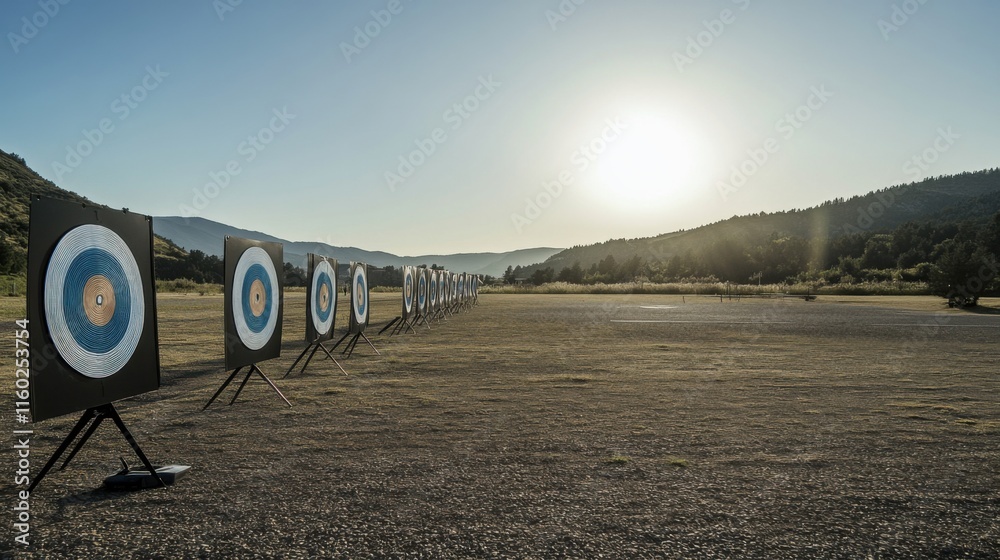 Poster a well-organized archery range under a clear sky, bows and targets aligned for precision shooting, s