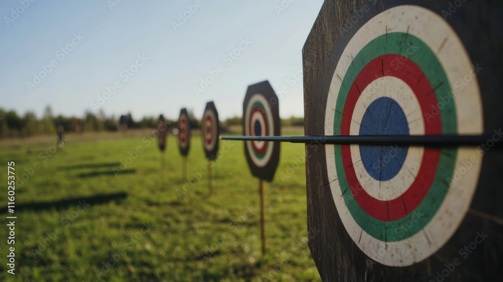 Poster a well-organized archery range under a clear sky, bows and targets aligned for precision shooting, s
