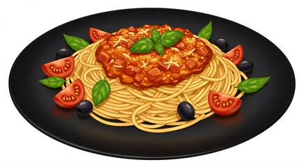 A plate of spaghetti with tomato sauce garnished with basil, surrounded by tomato wedges, basil leaves, and olives on a black plate.