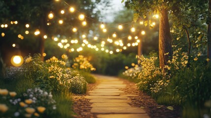 Obraz premium String lights create a magical atmosphere along a garden path, illuminating a festive outdoor celebration surrounded by blooming flowers.