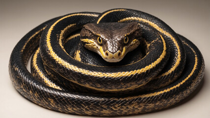 Obraz premium Close-up photo of a coiled snake with black and yellow bands on its body