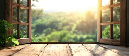 Scenic View of Green Summer Hills Through Open Wooden Window Frame with Blurred Background and Blank Space for Text in Cozy Interior Setting