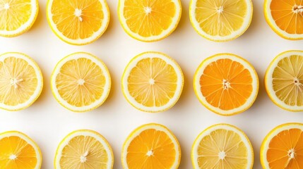 Sliced Fresh Lemons Arranged in a Pattern on White Surface Showcasing Different Shades of Yellow and Orange