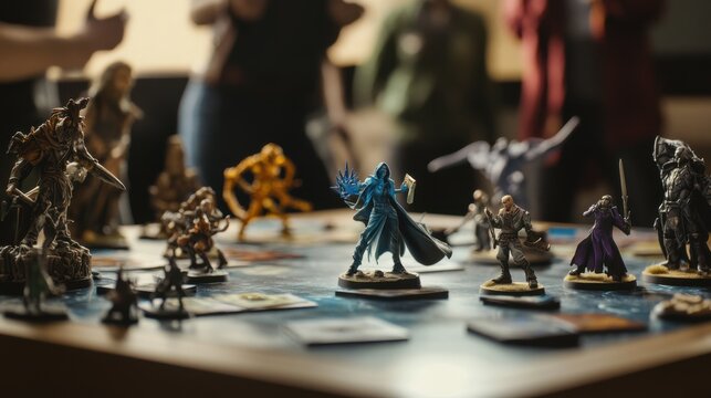 A well-organized tabletop gaming room, Board games and figurines set for strategic play, Gaming enthusiast style