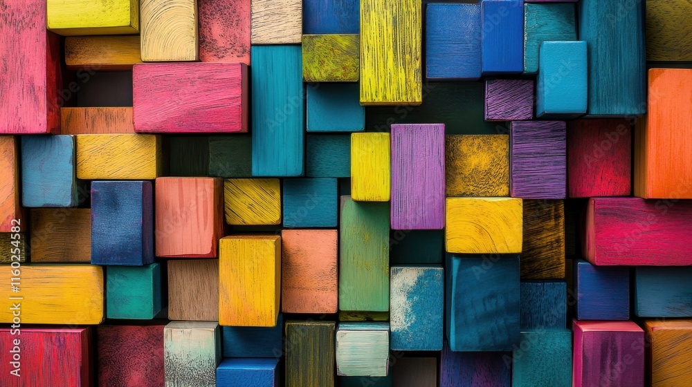 Poster A whimsical block-building scene with a variety of colorful blocks, Blocks arranged in an imaginative pattern, Creative photographic style