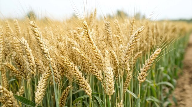 Ripening wheat field under a clear sky with a dirt road showcasing agriculture and cereal production in a rural landscape