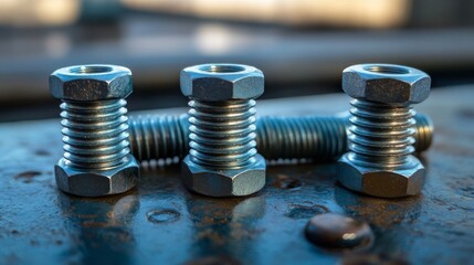 Four shiny bolts on a metallic surface. Precision and attention to detail in engineering.