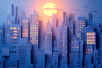 A paper - cut city skyline at dusk with glowing windows and clean lines