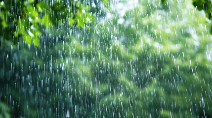 Raindrops falling in motion creating a soft blur against a vibrant green forest background during a refreshing rain shower