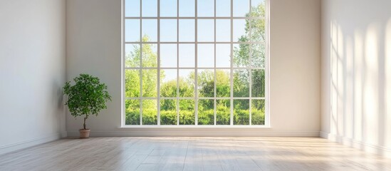 Fototapeta premium Spacious Modern Room with Large Window Bright Natural Light and Green View Ideal for Interior Design and Inspiration