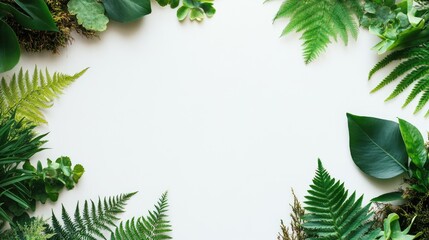Vibrant green fern leaves and lush foliage creating a natural frame on a light background perfect for botanical designs and organic themes