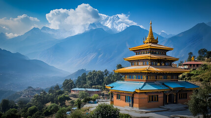 Majestic Himalayan Temple Overlooking Snowcapped Peaks and Vast Landscape : Generative AI