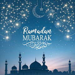 Ramadan Mubarak greeting with a mosque at twilight.