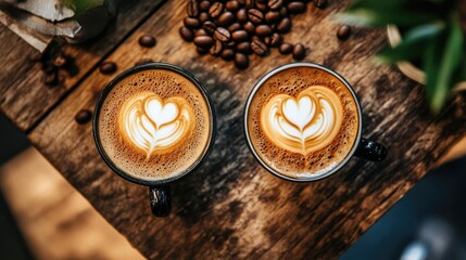 Top view of two coffee cups with heart latte art surrounded by coffee beans on a rustic wooden table ideal for promotions and sales.