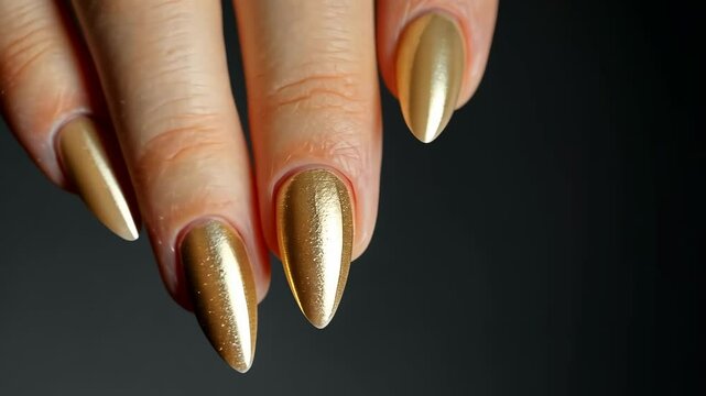 Beautiful woman's hand with a manicure, close-up of nails in a beige color, beautiful nail design, hand on a black background, beauty and skin care concept, 