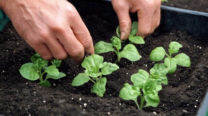Hands nurturing young seedlings in rich soil to promote healthy growth and sustainable gardening practices