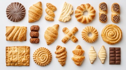 Assorted sweet biscuits and French croissants displayed on a light background creating a tempting pastry assortment for culinary contexts.