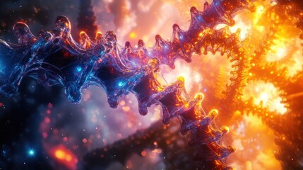 Fototapeta premium Abstract DNA double helix glowing in vibrant blue and orange.
