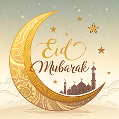 Festive Eid Mubarak Greeting with Crescent Moon and Stars