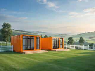A scenic outdoor setting featuring two bright orange container homes placed on a vast, well-maintained green lawn.