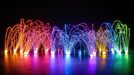 Colorful stroboscopic light display with neon paint explosion effect on a dark background showcasing vibrant visual dynamics and abstract shapes.