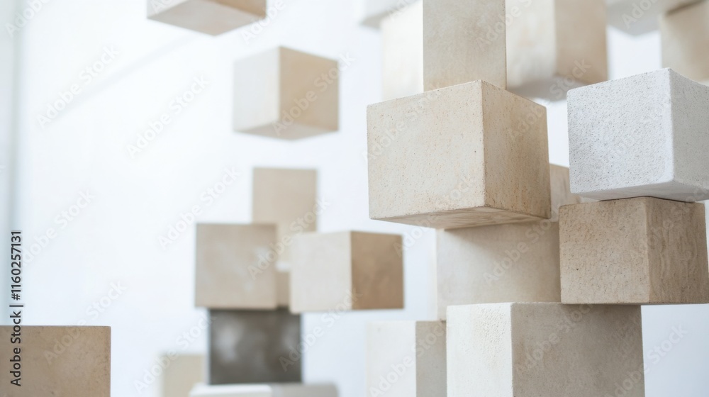 Poster an abstract arrangement of building blocks in a contemporary art gallery, blocks forming minimalist 