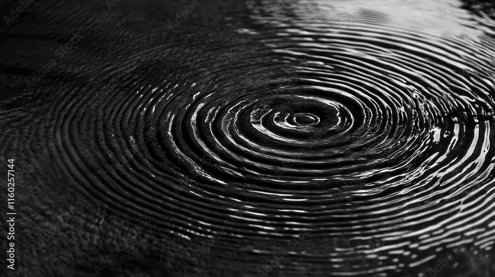 Poster ripples on lagoon surface forming intricate circular patterns in monochrome tones capturing tranquil