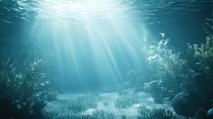 Peaceful underwater scene with sunrays illuminating coral reef and diverse marine vegetation in a tranquil ocean environment
