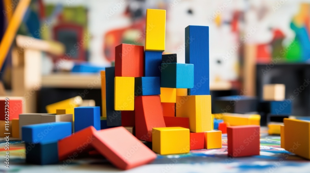 Poster an abstract arrangement of building blocks in a contemporary art gallery, blocks stacked in minimali