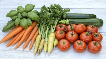 Colorful display of fresh organic vegetables including tomatoes carrots basil zucchini and asparagus on a rustic wooden table