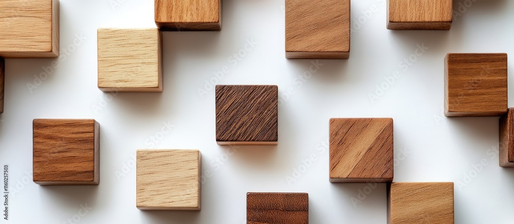 Poster interconnected wooden blocks on a white background creating a space for customizable text or brandin