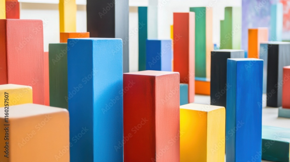 Aufkleber an abstract arrangement of building blocks in a contemporary art studio, blocks forming intricate sc