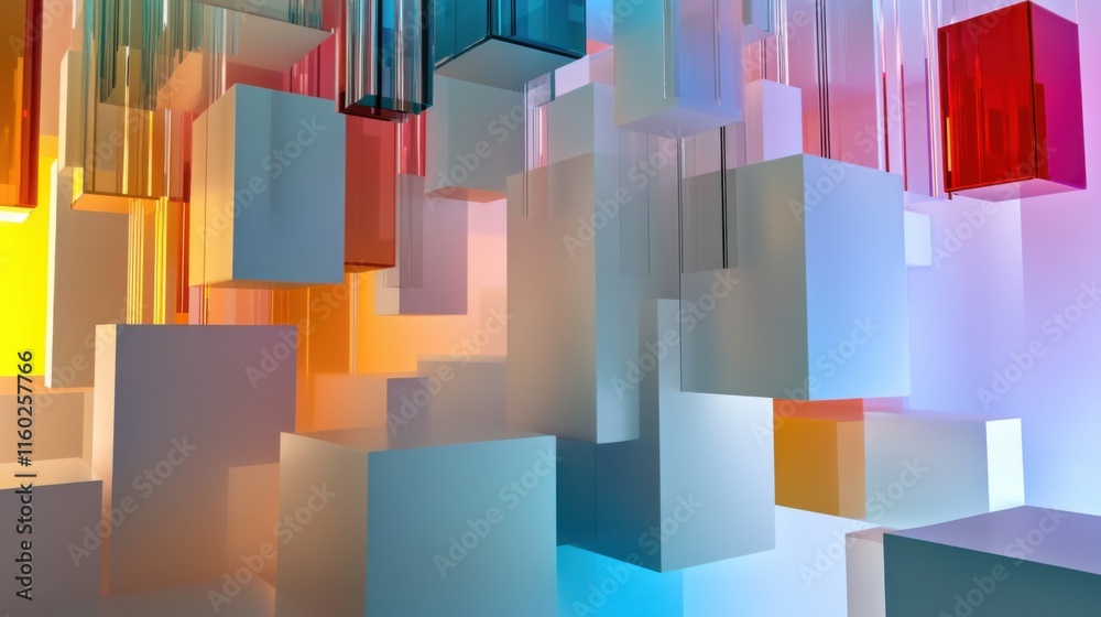 Poster An abstract arrangement of building blocks in a futuristic art gallery, Blocks forming interactive installations, Futuristic artistic style