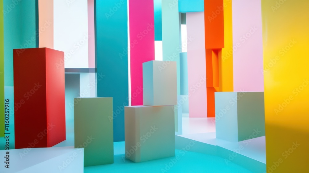 Poster An abstract arrangement of building blocks in a futuristic art gallery, Blocks forming interactive installations, Futuristic artistic style