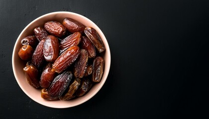 Dry date in a bowl on a black background. Dried fruit Top view. Free space for your text. Generated image