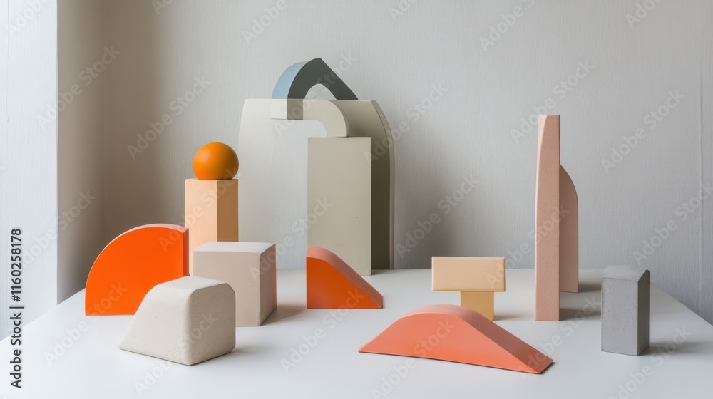 Poster An abstract arrangement of building blocks in a minimalist art gallery, Blocks arranged in geometric precision, Contemporary abstract style