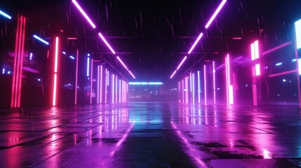 Naklejka premium Neon Light Reflections on Wet Pavement in Rainy Night Setting with Vibrant Colors and Atmospheric Depth