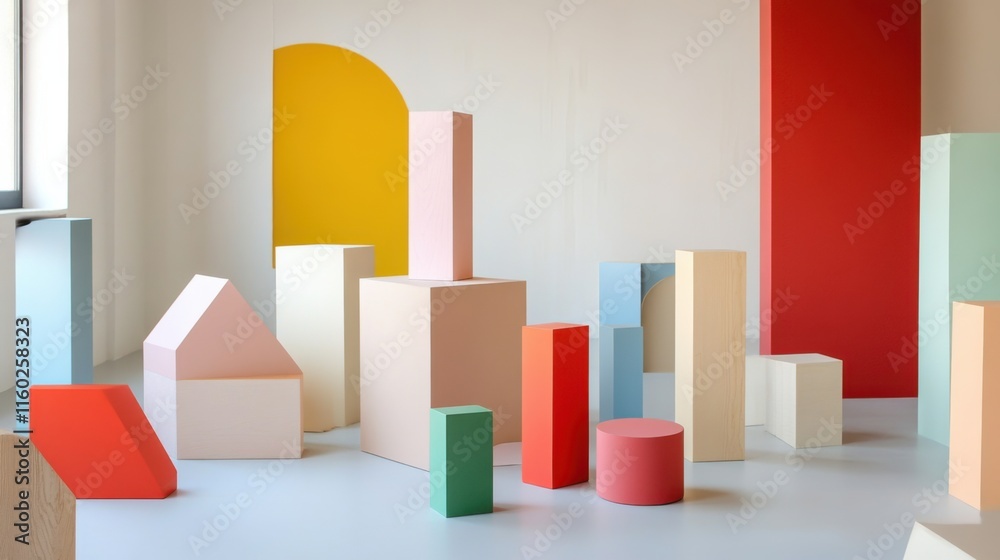 Aufkleber an abstract arrangement of building blocks in a minimalist art gallery, blocks arranged in geometric