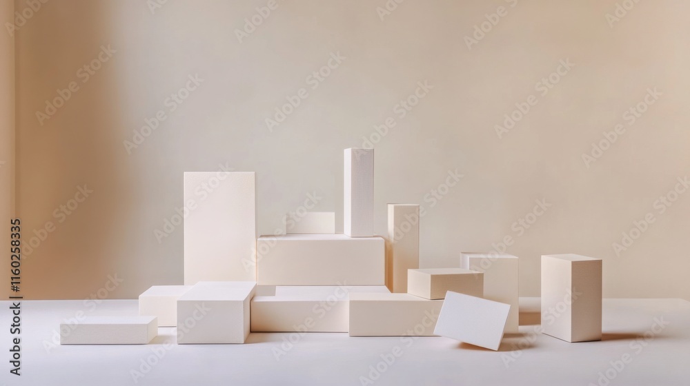 Poster an abstract arrangement of building blocks in a minimalist art gallery, blocks forming geometric scu