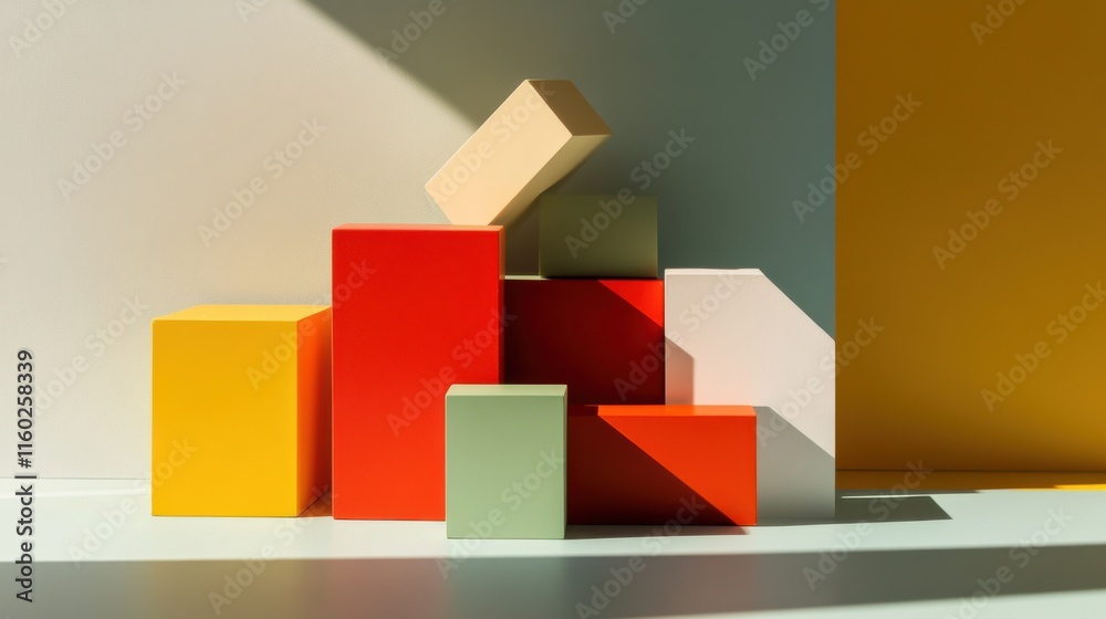 Poster an abstract arrangement of building blocks in a minimalist art gallery, blocks forming geometric scu